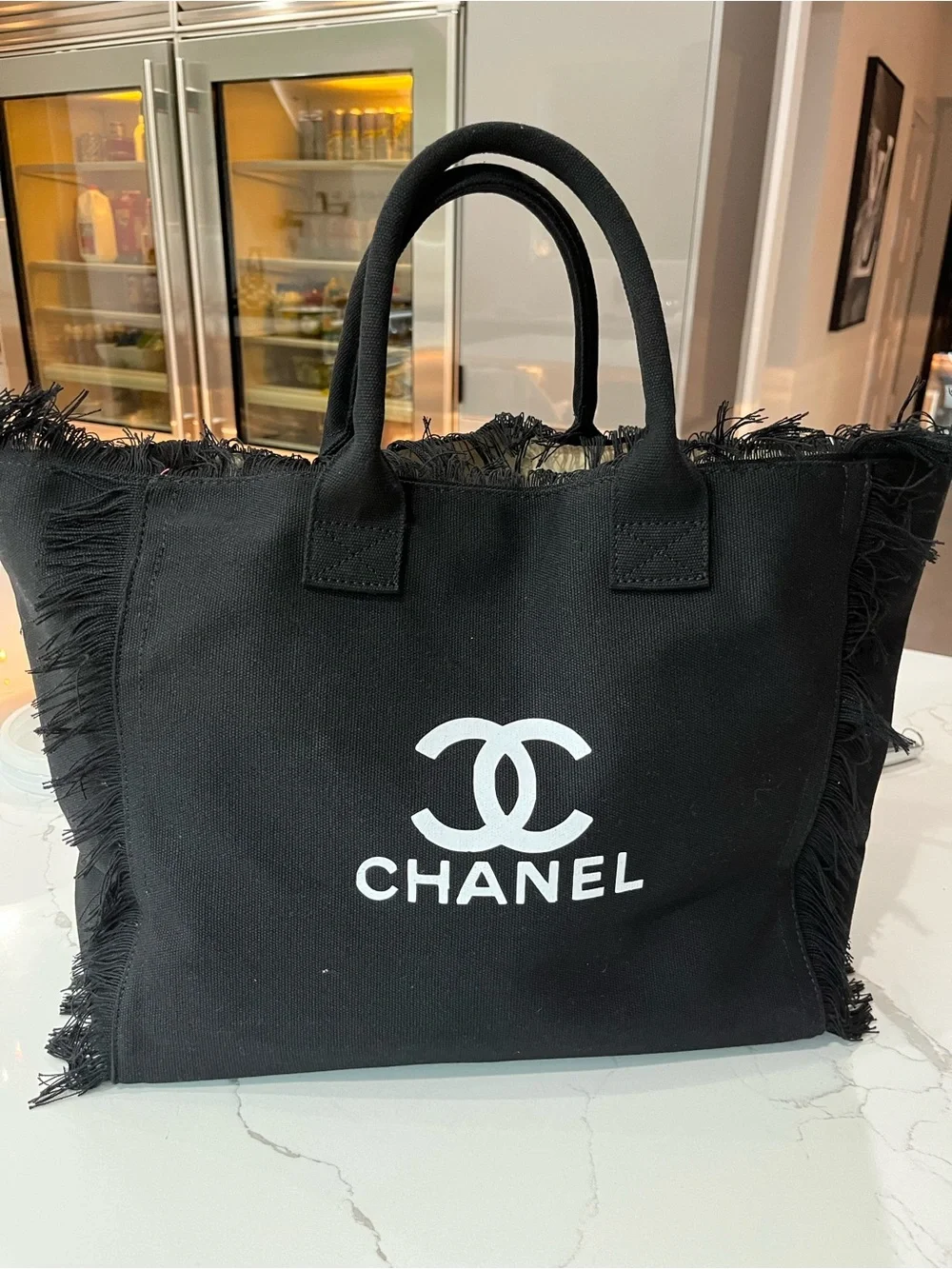 Black Canvas Fringed Logo Tote - Picture 1 of 3